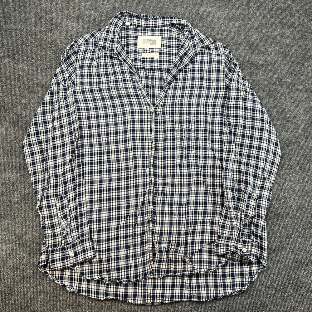 Grayson Frank Eileen Button-Up Shirt 4 Plaid Top Blue White Plaid